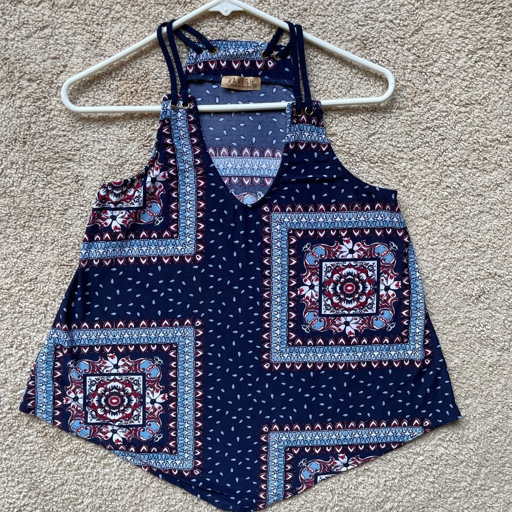 LAVISH Navy Blue Paisley Open-Back Top, Small
